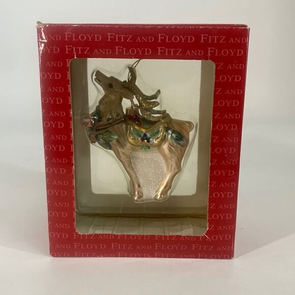 Fitz and Floyd Glass Ornament Christmas Deer with Holly Bow - Picture 1 of 9
